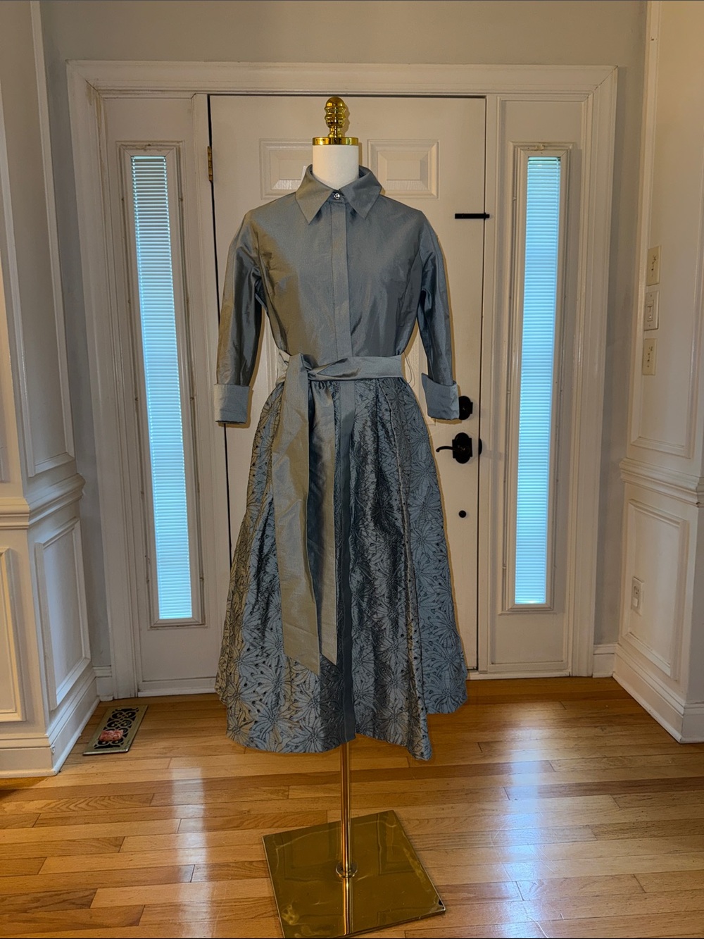 Rickie Freeman for Teri Jon Light Blue Satin Shirt-Collar Midi Dress - Picture 2 of 8
